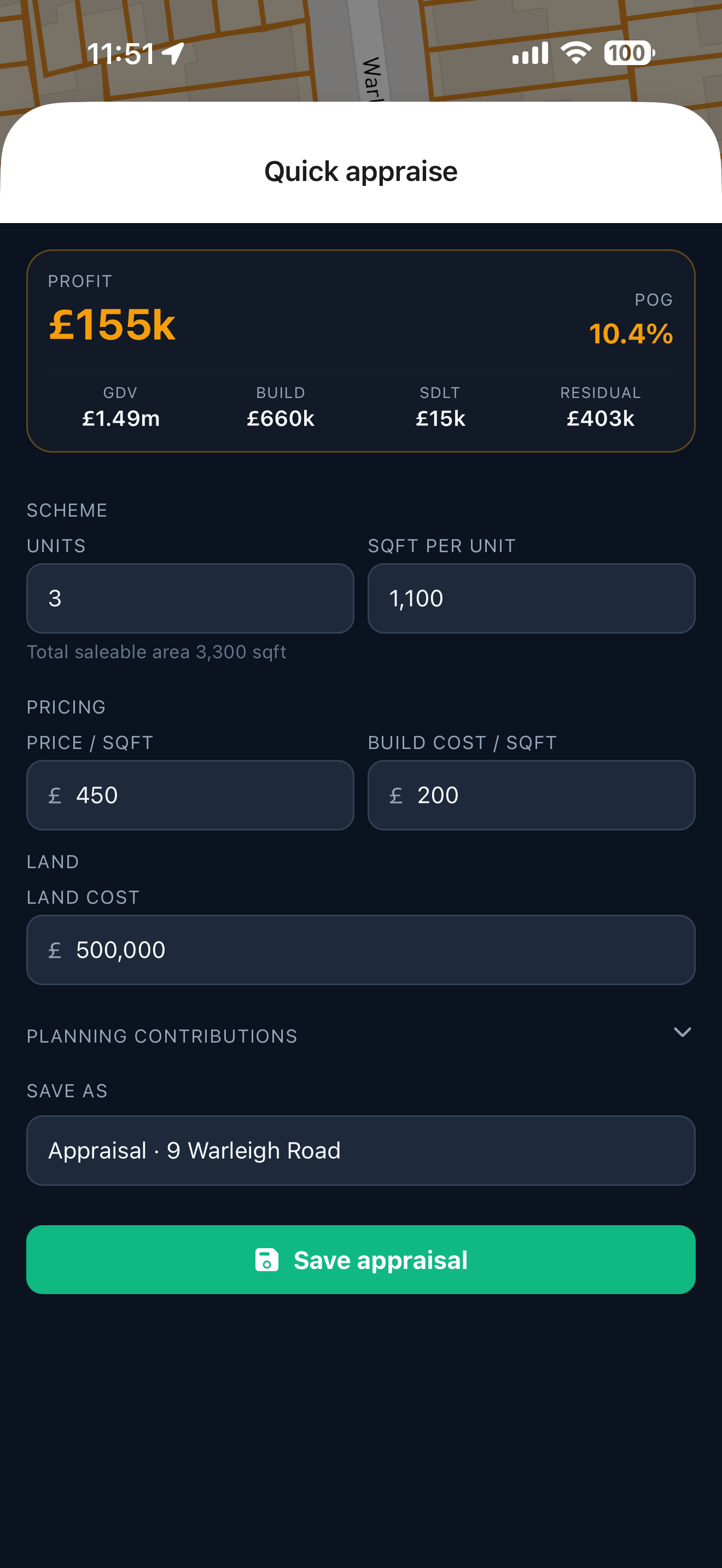 Landhunt Scout quick appraise sheet showing £155k profit, £1.49m GDV, and the scheme breakdown